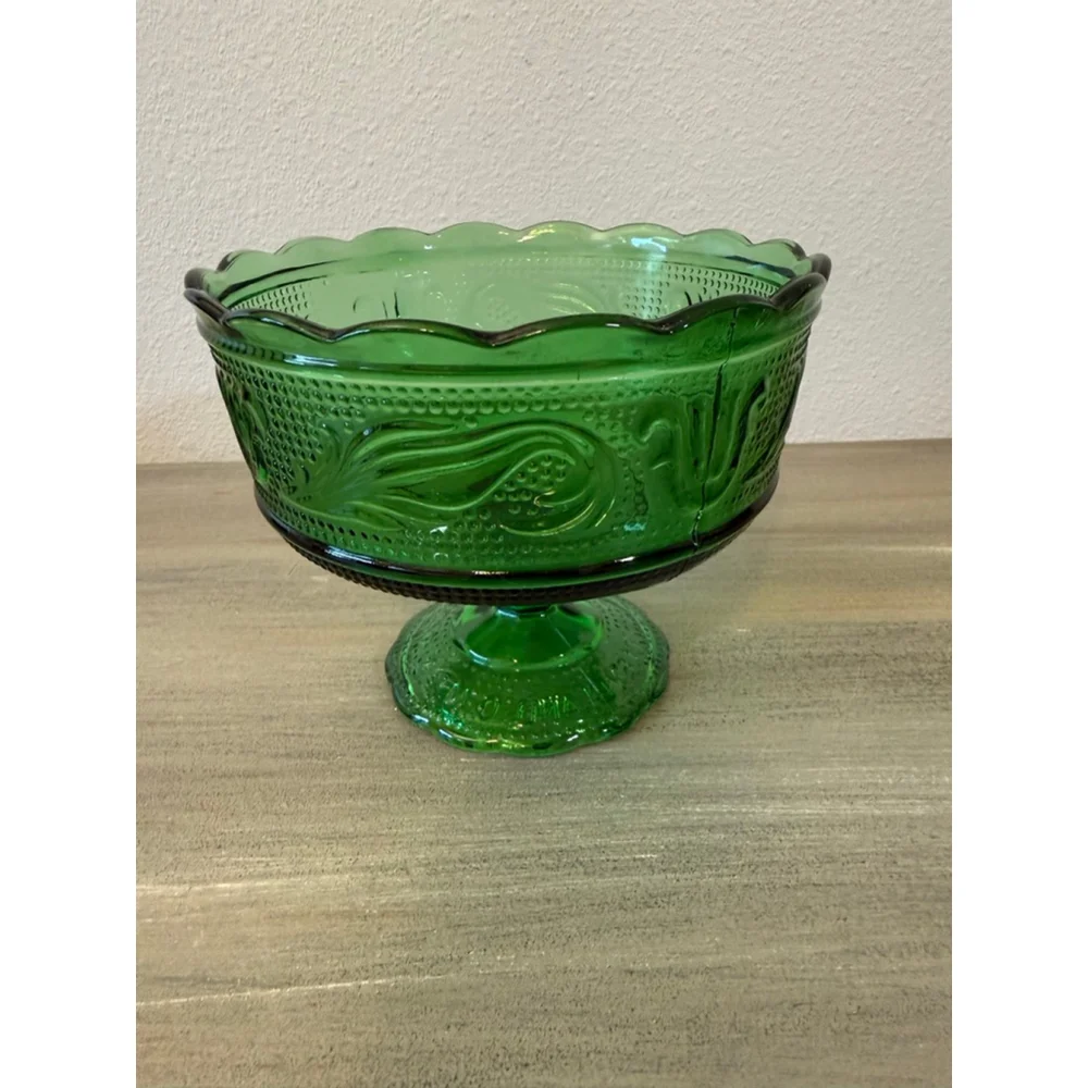 Vintage E.O. Brody Co. Emerald Green Pedestal Glass Bowl Candy Dish MCM